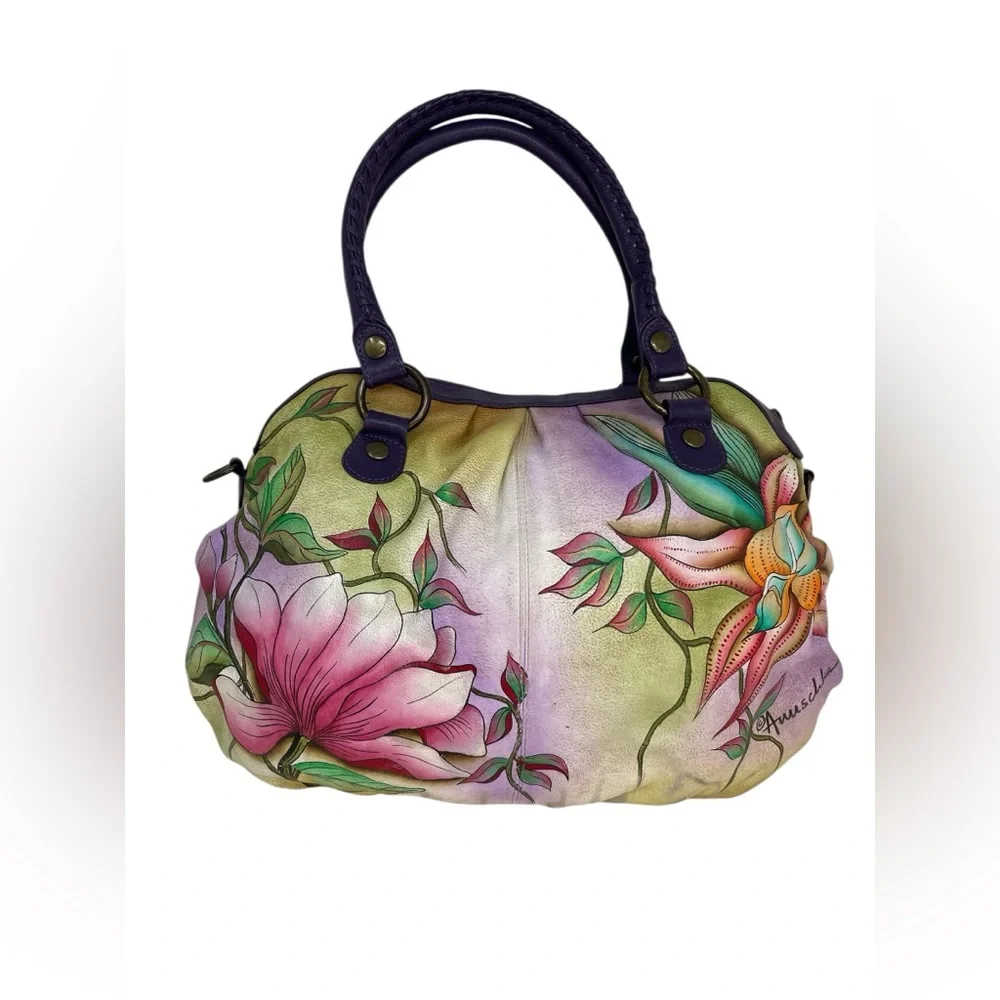 ANUSCHKA Hobo Bag Hand Painted Leather Purse Birds Tropical Flowers - Picture 5 of 15